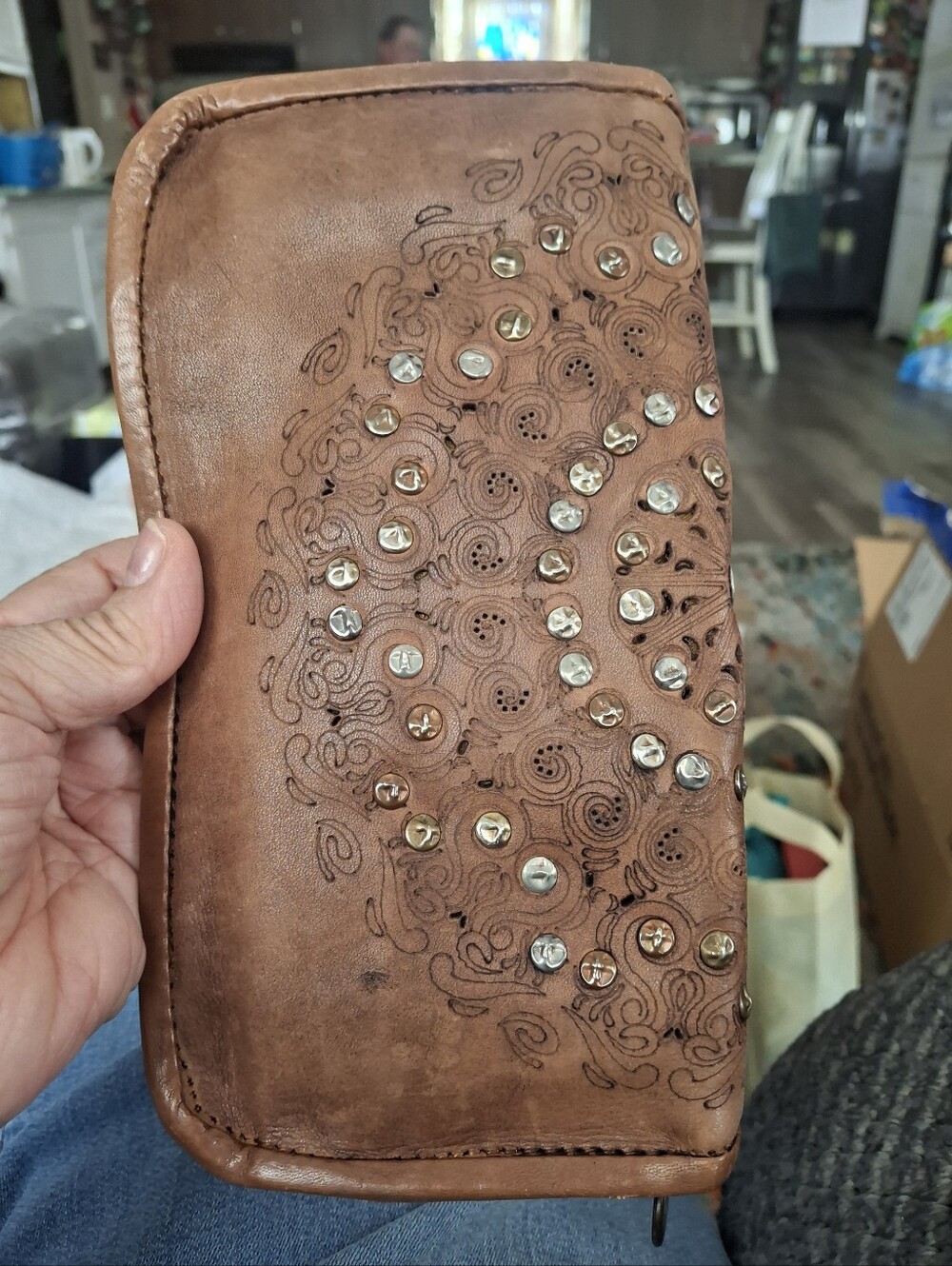 Plantania Studded Brown Leather Zip Wallet